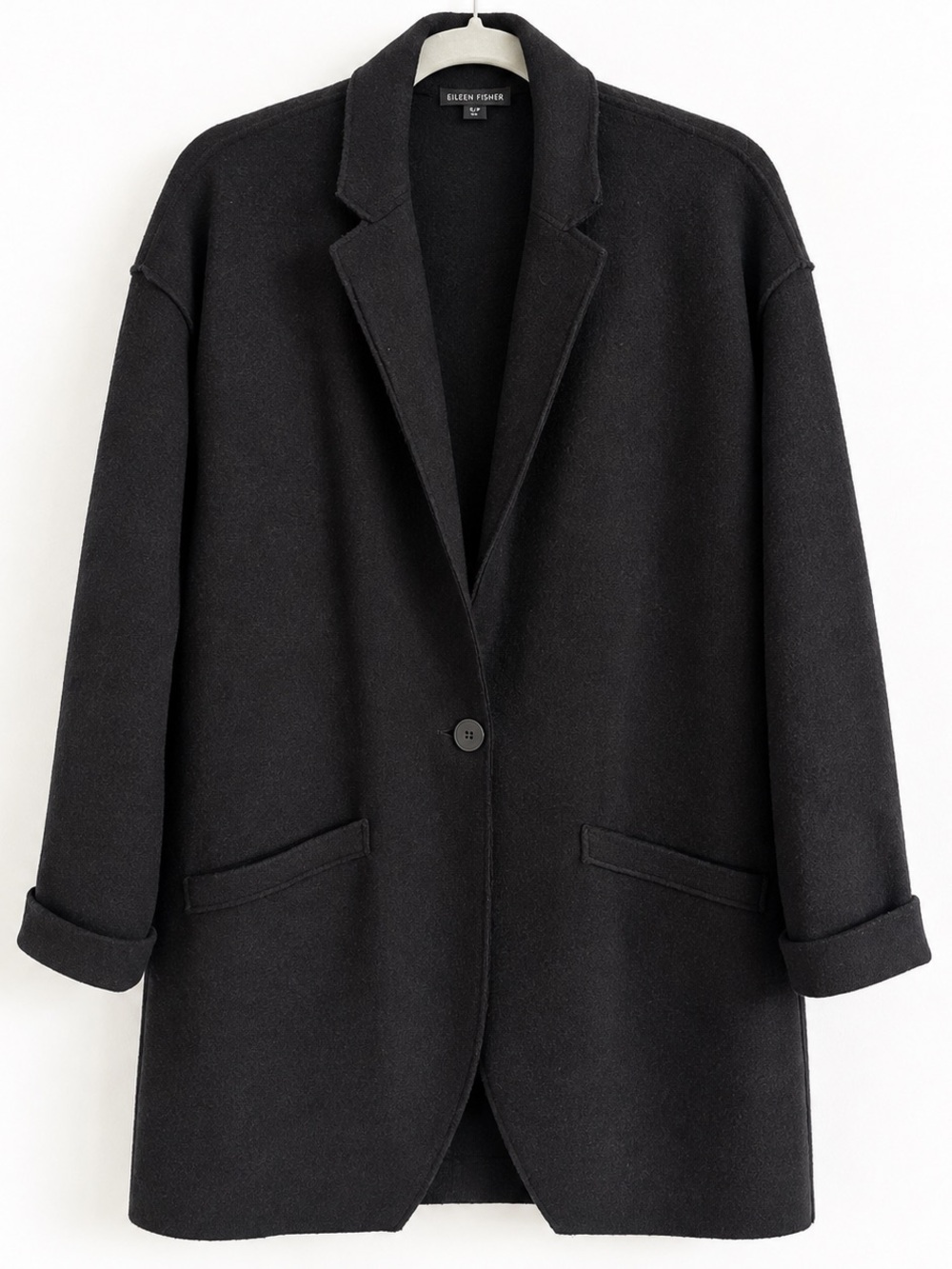 Eileen Fisher Lightweight Boiled Merino Wool Long Blazer Black S
